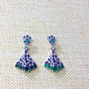 Silver Stud Fan-Shaped Colored Stones Earrings